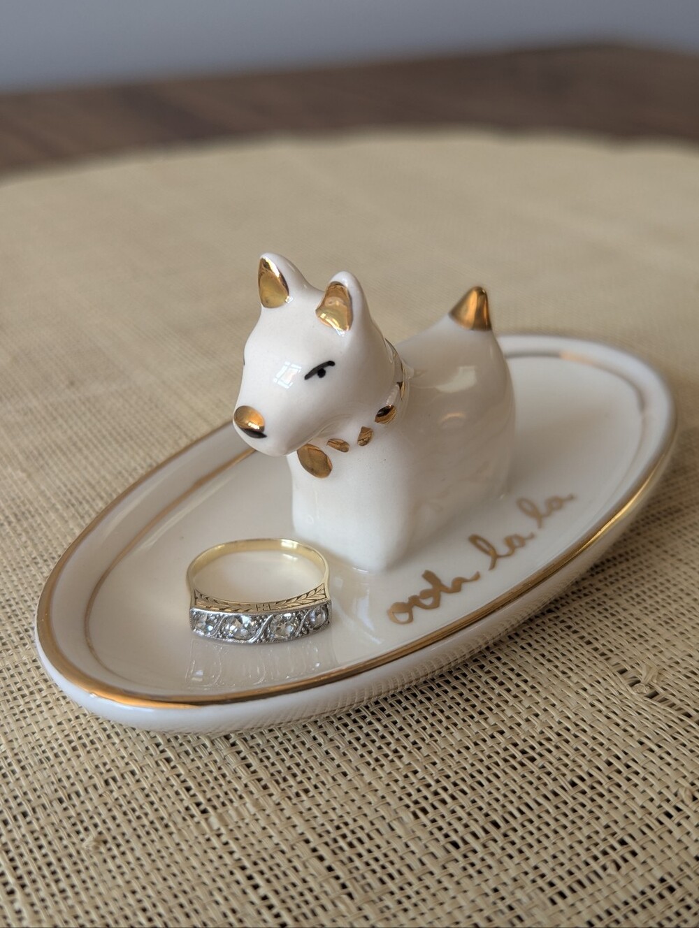 Anthropologie Ooh La La Gold Trimmed Dog Trinket Tray Ring Dish